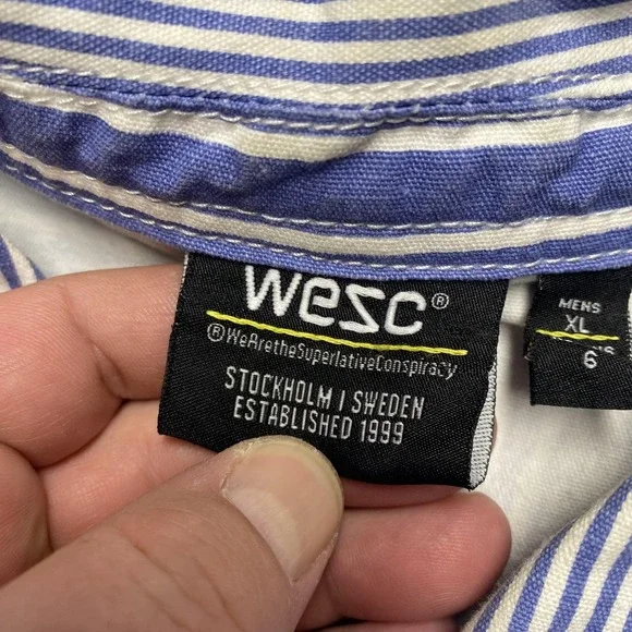 WeSC Jacket Mens XL Blue White Striped Chore Workwear Sail Away Nautical Cotton - Picture 4 of 11